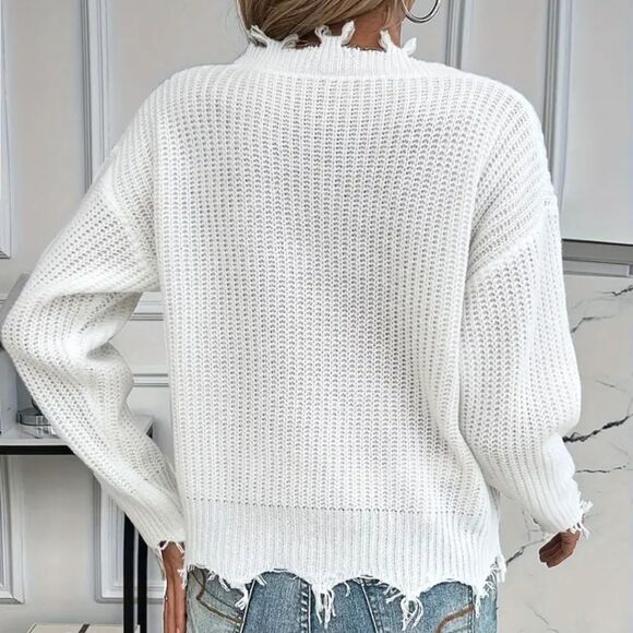 Chic White Distressed V-Neck Sweater - Picture 3 of 6